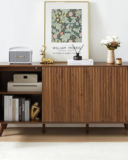 Fluted Sideboard Buffet Cabinet with Storage, Modern Storage Cabinet with 3 Doors, Wood Credenza Buffet Sideboards, Console Table for Kitchen Dining Living Room Entryway (Walnut)