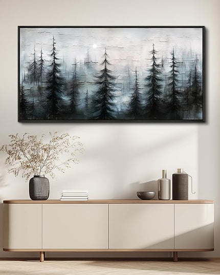XIGUANGART Large Canvas Wall Art Misty Forest Landscape Pictures Nature Farmhouse Abstract Watercolour Painting Wall Decor Living Room, Bedroom Home Office Mural Decorations Artwork Black Framed