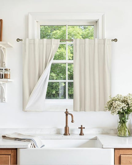 LAMIT Short Linen Blackout Curtains 30 Inches for Kitchen Windows Over Sink, Ivory Linen Textured Cafe Drapes Back Tab and Rod Pocket Window Panels with White Liner, 2 Panels, 29 x 30 Inch