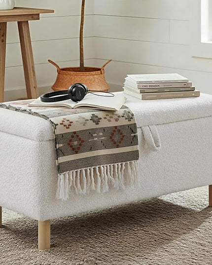 Ottoman with Storage, Storage Ottoman Bench, Entryway Bench, End of Bed Bench with Wood Legs for Bedroom, Living Room, Cream