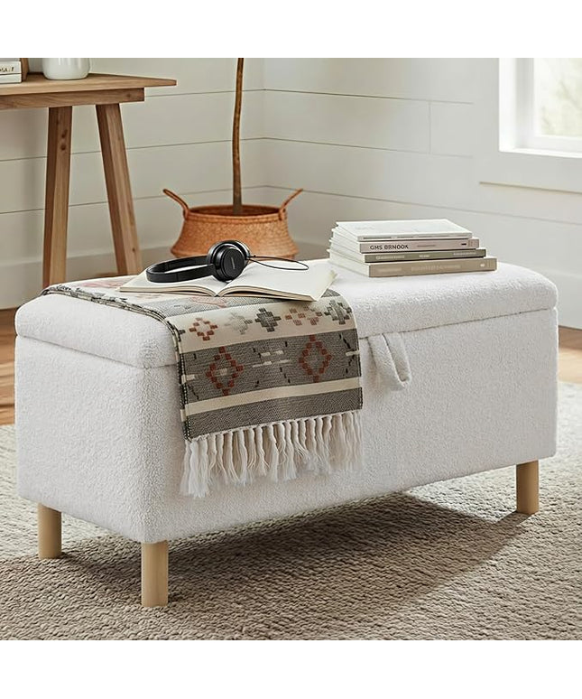 Ottoman with Storage, Storage Ottoman Bench, Entryway Bench, End of Bed Bench with Wood Legs for Bedroom, Living Room, Cream