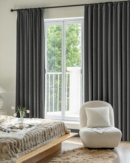 IVAPUPU Linen Pinch Pleated Full Blackout Curtains for Bedroom - 2 Pages Black Out Grey Curtains 108 Inch Long 2 Panel for Living Room Darkening Thermal Window Curtain Drapes with 16pc Hooks