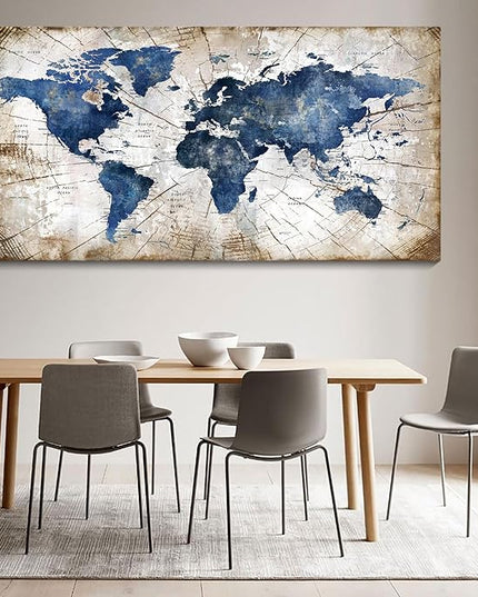 World Map Canvas Wall Art Abstract Navy World Maps for Wall Vintage Modern Wall Art for Office Framed Pictures for Living Room Bedroom Wall Decoration for Home Office Decor Artwork for Walls 29x58IN