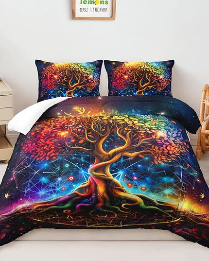 AILONEN Tree of Life Comforter Set Queen Size,Colorful Bohemian Tree of Life Bedding Set,Space Galaxy Starry Duvet Set,Plant Printed Boys Girls Comforter with 2 Pillowcases,3-Piece