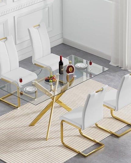 HomVent 5 Pieces Rectangular Glass Dining Table Table Set, Glass Kitchen Table Set for 4 with 4 PU Dining Chairs for Kitchen Dining Room