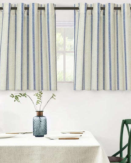 DriftAway Farmhouse Linen Blend Blackout Curtains 36 Inches Long for Bedroom Vertical Striped Printed Linen Curtains Thermal Insulated Lined Treatments for Living Room 2 Panels W52 x L36 Navy