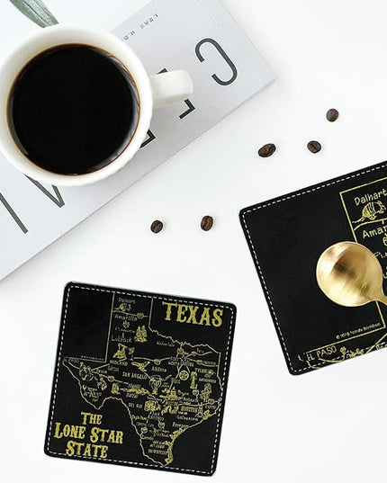 Marble Coasters Square Leather Drinks Coaster Set with Holder for Coffee Table Bar Home Decor 4 Inches Set of 6 (Texas, One Size)