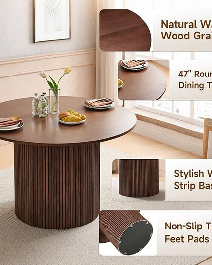 Howtek Round Dining Table Set for 4, 47-Inch Walnut Wood Kitchen Table and Stackable Upholstered Dining Chairs Set, Dining Room Table and Chairs Set for Kitchen, Living Room