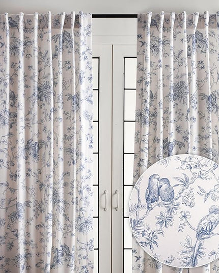 Maison d' Hermine Curtains for living room 100% Cotton 96 inch length Two Panels Light Filtering Toile Curtains for Bedroom Windows with rod and loop Pockets Drapes (Jouy Paradise Blue, 50"W x 96"L)