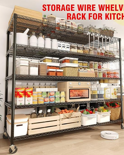 GarveeHome 82"H Storage Shelves with Wheels, 5-Tier Metal Shelving Unit Heavy Duty 3300LBS Load, Adjustable Garage Shelving Wire Rack Shelves, for Pantry Room,Kitchen, Warehouse, Basement,24"D x 59"W