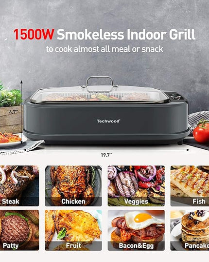 Indoor Grill, Techwood 1500W Smokeless Electric Grill with 2 in1 Nonstick Grill/Griddle Plates, Portable Korean BBQ Grill with 6-Level Control, Glass Lid, Dishwasher Safe, Double Plates, Gray