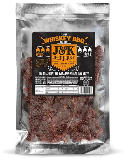 J&K Whiskey BBQ Beef Jerky - Small Batch American Made, Slab Beef Jerky Spicy and Savory Snack with a Kick - Bold & Flavorful Snack! - 7oz Big Bag