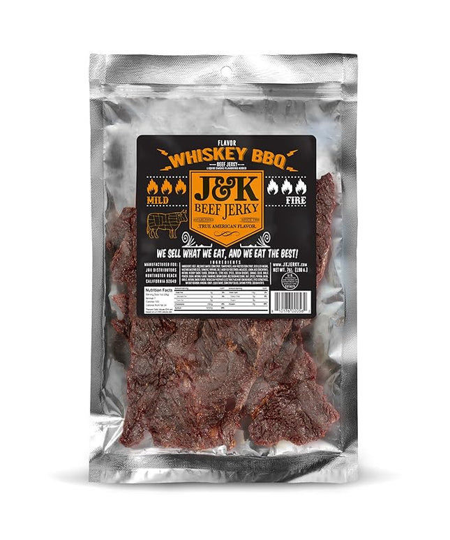 J&K Whiskey BBQ Beef Jerky - Small Batch American Made, Slab Beef Jerky Spicy and Savory Snack with a Kick - Bold & Flavorful Snack! - 7oz Big Bag