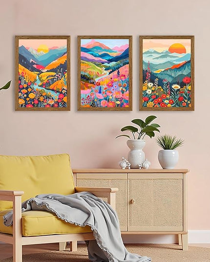 InspiredHues Colorful Mountain Boho Canvas Wall Art Set, 3 Piece Watercolor Flower Picture Wall Decor, Abstract Nature Landscape Artwork Prints for Living Room Bedroom Office 12x16 In Wood Framed