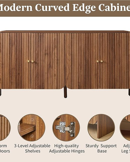 59” Large Buffets Sideboard Cabinet with Storage, Fluted Curved Credenza Buffet Table Storage Cabinet with 4 Doors, Modern Wood Accent Console Table Coffee Bar for Living Room Kitchen Hallway, Walnut