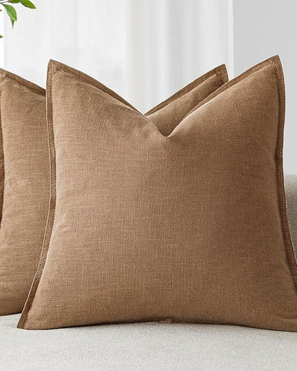 Foindtower Pack of 2, Decorative Linen Soild Throw Pillow Covers Soft Accent Cushion Case Boho Farmhouse Pillowcase for Chair Couch Sofa Bedroom Living Room Home Decor 24 x 24 Inch Light Khaki Brown