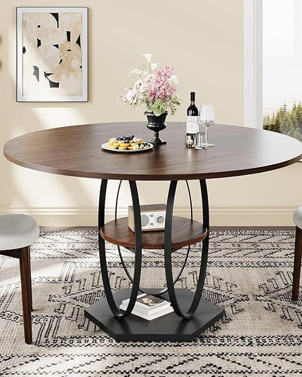 Round Dining Table for 4-6, 3-Tier Dinner Room Tables with Storage Shelf, Space Saving Small Kitchen Table, Farmhouse Dinner Table with Wooden Tabletop and Hexagonal Base (Walnut, 47inch)