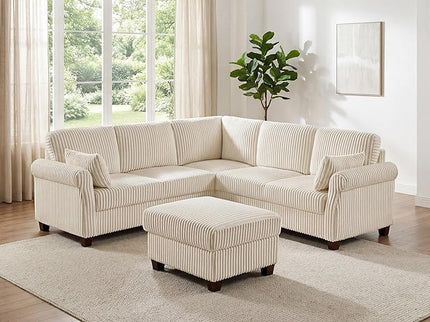 Modular Sectional Sofa Couch, L-Shape Corduroy Couches 6 Seat with Storage Ottoman, Modern Corner Sofa Memory Foam Sectional Cloud Couches for Living Room, Bedroom, Apartment, Office (Beige)