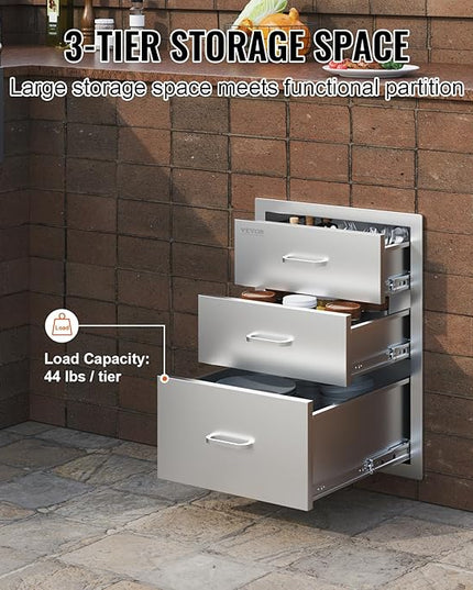 VEVOR 18x23 Inch Outdoor Kitchen Stainless Steel Triple Access BBQ Drawers with Chrome Handle, 18 x 23 x 23 Inch