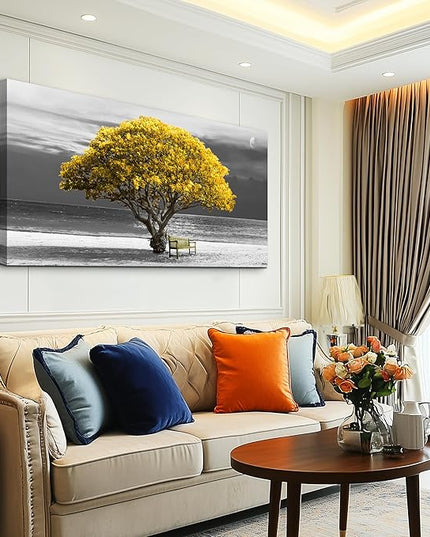 wall art for living room Decorations Photo Prints - panoramic black and white with yellow trees The moon scenery - Modern Home Decor The room Stretched and Framed Ready to Hang artwork 24X48inches
