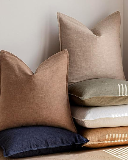 Foindtower Pack of 2, Decorative Linen Soild Throw Pillow Covers Soft Accent Cushion Case Farmhouse Neutral Pillowcase for Chair Couch Sofa Bedroom Living Room Home Decor 20 x 20 Inch Tan Beige