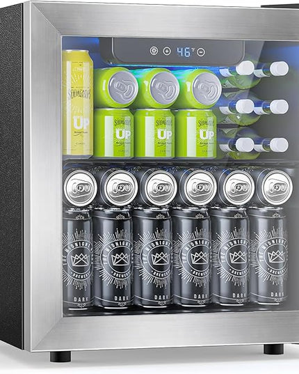 48 Can Beverage Refrigerator,12 Bottle Wine Cooler with Stainless Steel Glass Door, Digital Temperature Display, Countertop Mini Fridge for Soda, Wine or Beer, Silver