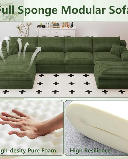 136" Cloud Couch Modular Sectional Sofa for Living Room, U-Shape Boneless Couch with Deep Seat, Modern Corduroy 4-Seater with Ottoman, No Assembly Required (Green,Left-Facing Chaise)