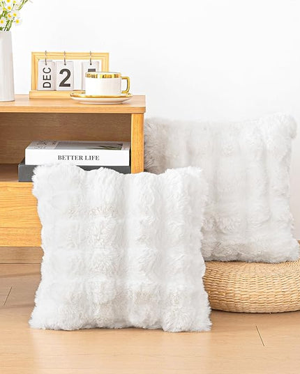 Touchat Double-Sided Rabbit Fur Pillow Covers Set of 2-20x20 Inch Ultra Plush Decorative Throw Pillows for Sofa, Bed & Home Decor, Cream