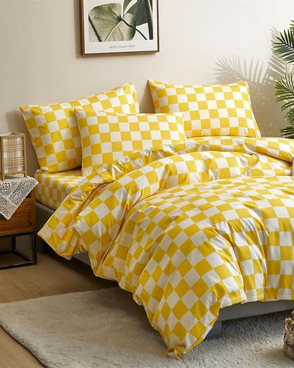 Houseri Yellow White Plaid Comforter Sets Twin Size Girls Boys Kids Light Yellow Checkerboard Dorm Bed Comforters Twin Bright Yellow Buffalo Checkered Grid Bed Quilt Soft Comfy Comforter Set Twin