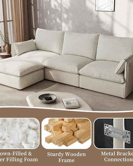 Waterproof Cloud Sectional Couches,High Backrest Down Filled Sofa for Living Room,Modular Sofas 2 Seater with Ottoman,Detachable Couch Covers,Cream White
