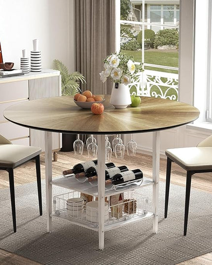 VFK 47 Inch Round Dining Table Set for 4-6 People, Large Farmhouse Kitchen Dining Table Set with Chairs and Storage Rack, Metal Base Round Table for Home Dining Room Living Room