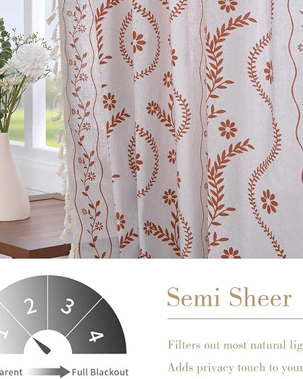 Boho Curtains 84 Inch Length Farmhouse Curtains for Living Room 2 Panels, Linen Semi Sheer Vintage Farmhouse Floral Curtain Rustic Curtain Drapes