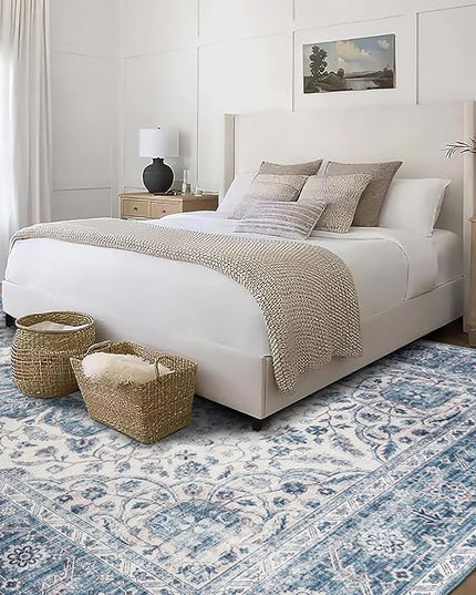 ReaLife Rugs Machine Washable Area Rug - Living Room Bedroom Bathroom Kitchen Entryway Office - Padded Low Pile Stain Resistant Premium - Boho Farmhouse Vintage - Joy - Blue Ivory 7'6" x 9'6"