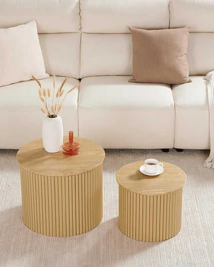 Fluted Round Nesting Coffee Table Set of 2, Small Coffee Table Circle Side Table, Boho Modern Wood Nesting Table Farmhouse End Tables Set for Living Room, Bedroom, Small Spaces(Natural)