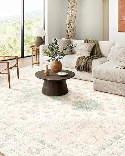 MUJOO 9x12 Area Rug,Washable Rugs for Living Room Bedroom Dining Room,Boho Large Non Slip Throw Carpet Indoor,Low Pile Light Pink and Green