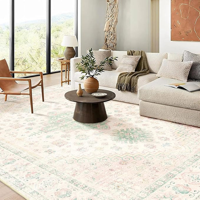 MUJOO 9x12 Area Rug,Washable Rugs for Living Room Bedroom Dining Room,Boho Large Non Slip Throw Carpet Indoor,Low Pile Light Pink and Green