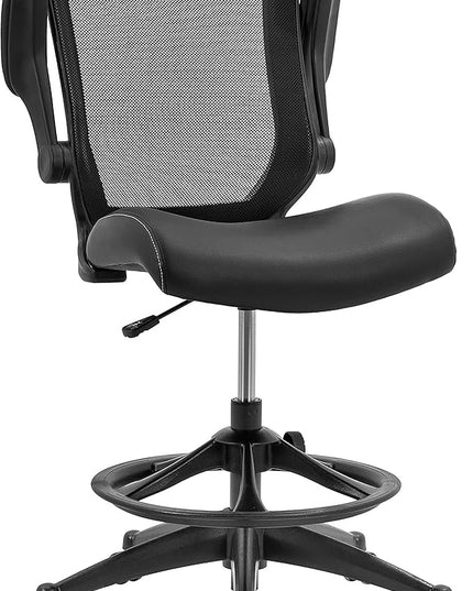 OfficeFactor Drafting Chair Tall Office Chair, 300 lb Capacity Standing Desk Chair, Adjustable & Ergonomic Desk Chair, Flip-Up Armrests, Mesh Back, Comfortable Leather (Black)