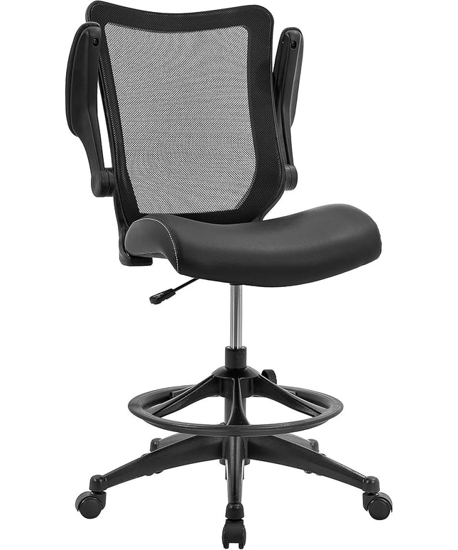 OfficeFactor Drafting Chair Tall Office Chair, 300 lb Capacity Standing Desk Chair, Adjustable & Ergonomic Desk Chair, Flip-Up Armrests, Mesh Back, Comfortable Leather (Black)