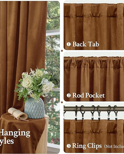 LAMIT Velvet Curtains for Living Room 96 Inches Long, Mid Century Thermal Blackout Curtains Room Darkening Back Tab and Rod Pocket Panels for French Country, 2 Panels, Bronze Brown, 52 x 96 Inch
