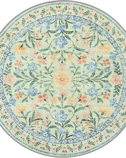 Wonnitar Washable Round Area Rug, 5ft Green Floral Round Rug Boho Soft Circle Carpet, Non Slip Low Pile Circle Accent Carpets for Kitchen Living Room Entryway Bedroom