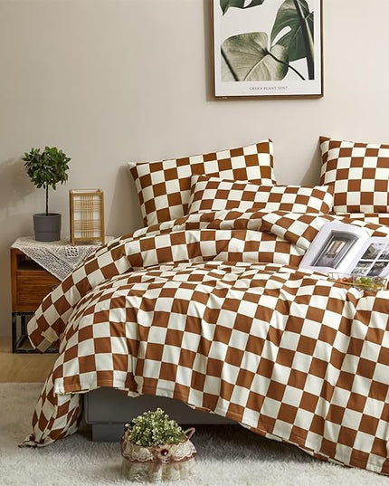 Houseri Brown and White Plaid Comforter Set Full Caramel Brown Grid Bedding Comforter Full Size Teen Boys Checkerboard Comforters Sets Girls Elegant Buffalo Checkered Gingham Full Comforter Comfy Soft