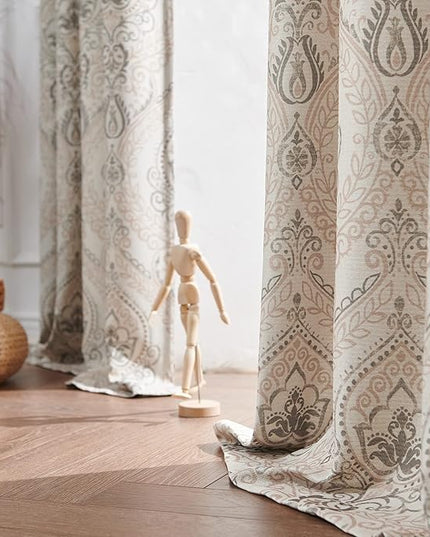 jinchan Linen Textured Curtains for Living Room Darkening 96 Inches Long, Medallion Drapes for Bedroom, Damask Pattern Window Treatments Vintage Curtain Panels, 2 Panels Taupe on Greige