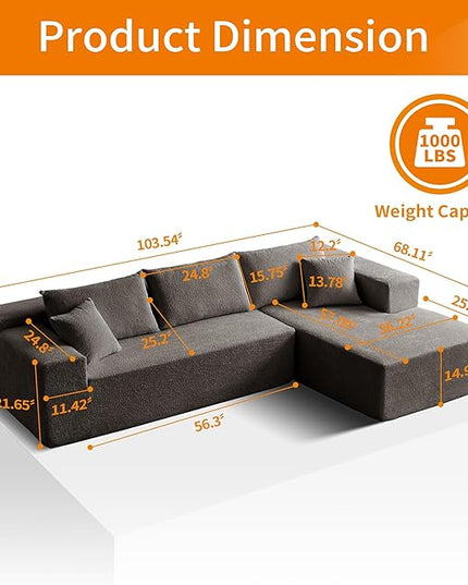 103.54'' Sectional Sofa, Raindrop Velvet Fabric L Shaped Sofa, 4 Seat Modern L Shape Couch with 2 Pillows Left Hand Lounge for Living Room, Office