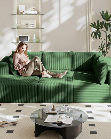 138" Boneless Couches for Living Room, Modular Cloud Couch Sofa - 5 Pieces U Shap Corduroy Sectional Sofa, Fluffy Memory Foam Sleeper Sofa Furniture, No Assembly, Wide Armrest, Green