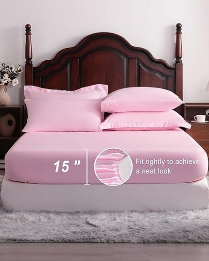 NTBAY Queen Comforter Set with Sheets, 7 Pieces Soft and Breathable Queen Bedding Set, Bed in a Bag, Down Alternative Comforter Set Solid Color All Season, Queen Bedding Set, Pink