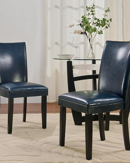 PADMA HOUSE Round Glass Dining Table Set for 4, 45in Modern Kitchen Small Wood Dinner Table with 4 Parsons Leather Dining Chairs 5 Piece Dining Room Table Chair Set, Clear&Purplish Blue