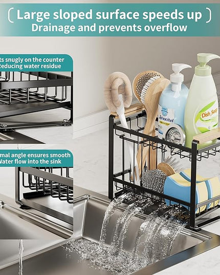 Sink Caddy Organizer with Wooden Handle, 2-Tier Rustproof Metal Sink Organizer Non-Slip Suction Cups, Multi-Functional Storage for Sponge, Soap Dispenser, Kitchen and Bathroom Countertop Accessories