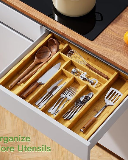Pipishell Bamboo Silverware Organizer, Expandable Cutlery Tray, Utensil Drawer Organizer in Kitchen for Spoons Forks Knives, Multipurpose Use, Natural, Large