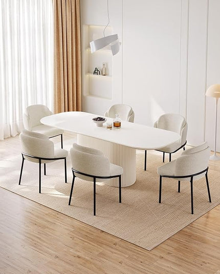 Guyii 7-Piece Oval Dining Table Set, 86.61" Modern Kitchen Table with 6 Chairs, Indoor Rectangular Dining Room Table for Kitchen, Living Room, Cream White