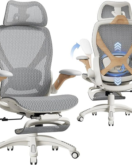 ELABEST X100 Ergonomic Office Chair with Footrest, Big and Tall Home Desk Chair with 5D Flip-Up Arms, Adjustable 3D Lumbar Support,High Back Rolling Computer Chair, Swivel Mesh Chairs (Foggy Morning)